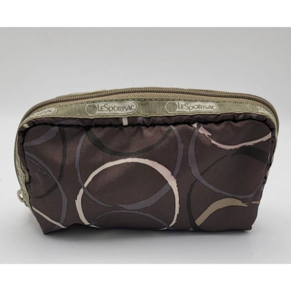 LeSportsac Zippered Cosmetic Pouch / Small Travel Bag – Brown & Olive Abstract P - Picture 3 of 8